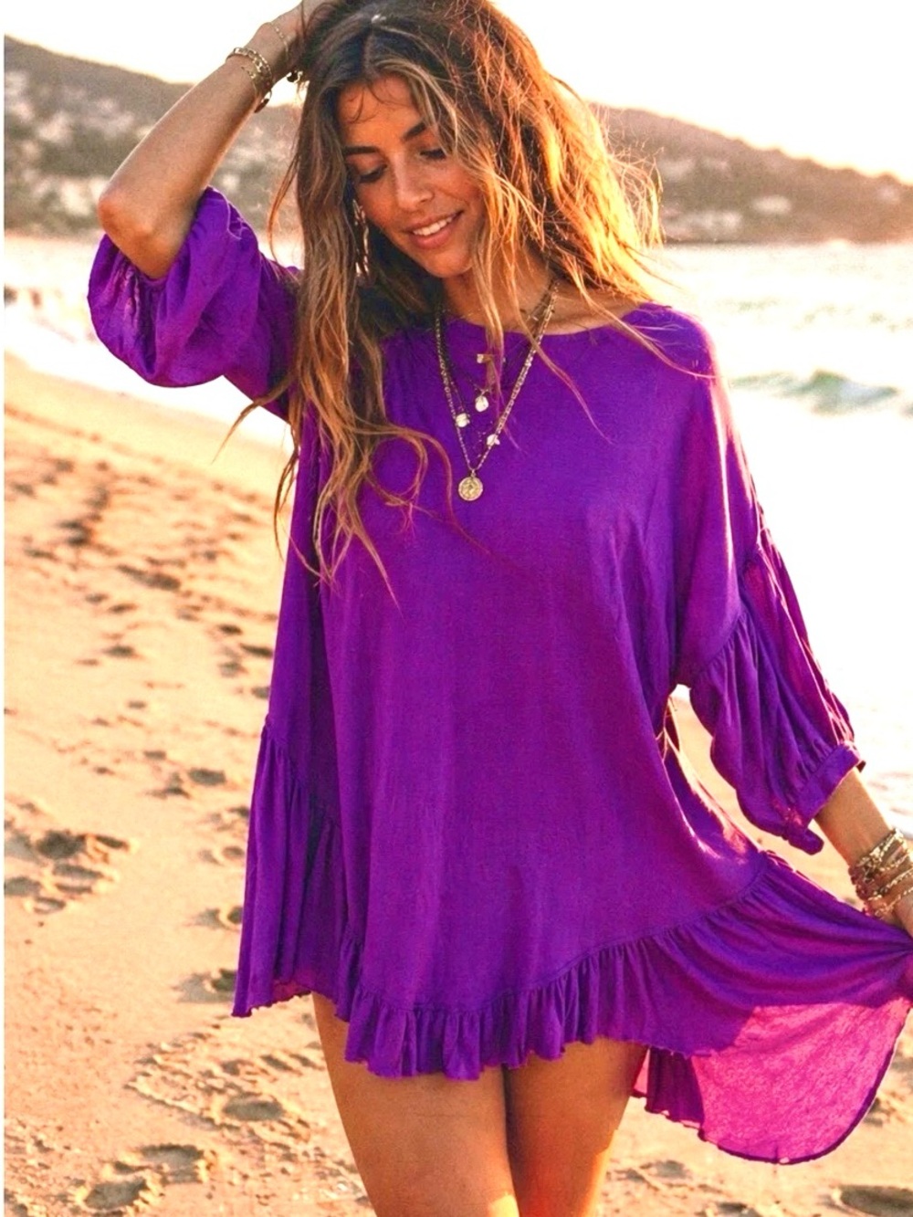 *rare* FREE PEOPLE BEACH Bright Purple Swim Cover Gathered Sleeve and Hem — S